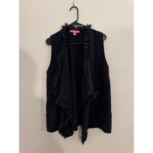 Lilly Pulitzer Black Size Large Open Cardigan Sweater Faux Fur Trim Cotton Money